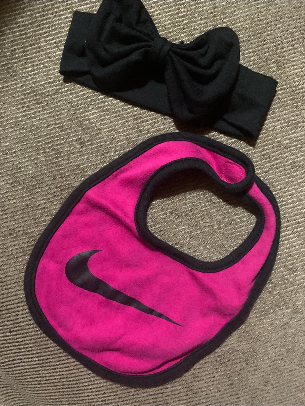 Nike Hot Pink and Black Baby Bib with Black Bow Headband